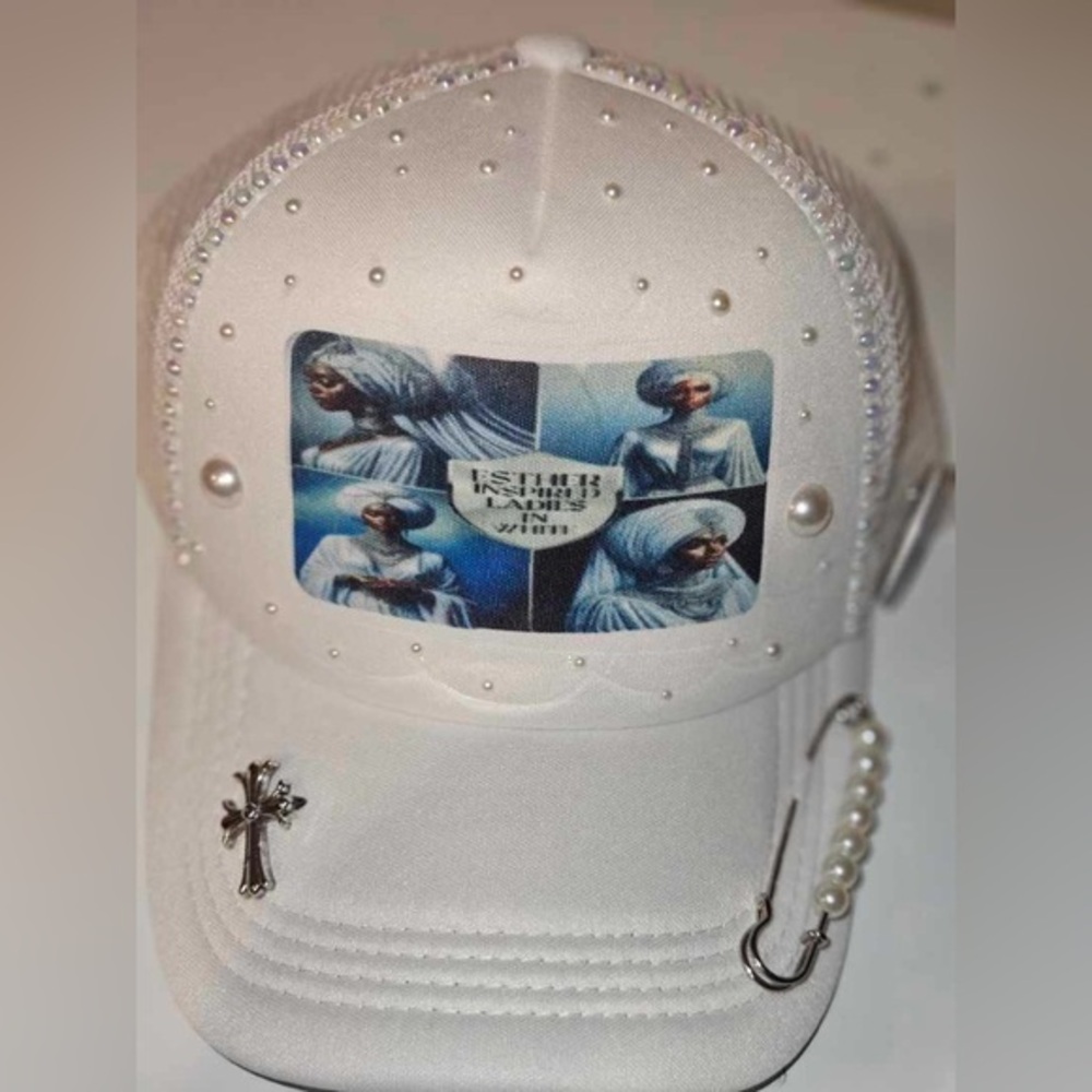 Custom White OES Pearl-Embellished Trucker Cap